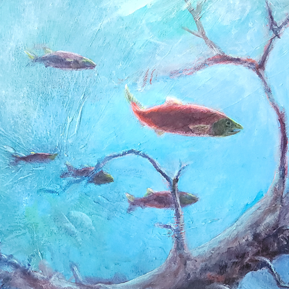 Salmon Dream Of Sunken Trees | Original Acrylic Painting - Original Watercolour Art by Canadian Artist Pamela Paulenko, painting Ontario wildlife