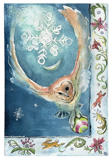 Mystic Holiday Owl   Pack of 10 Greeting Cards (standard envelopes) (US & CA) - Original Watercolour Art by Canadian Artist Pamela Paulenko, painting Ontario wildlife
