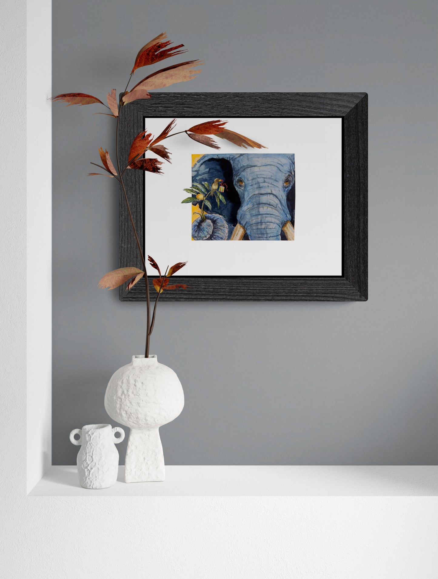 Elephant with Ox Pecker Friend  Larger White Border Option -  Classic Matte Paper Poster - Original Watercolour Art by Canadian Artist Pamela Paulenko, painting Ontario wildlife