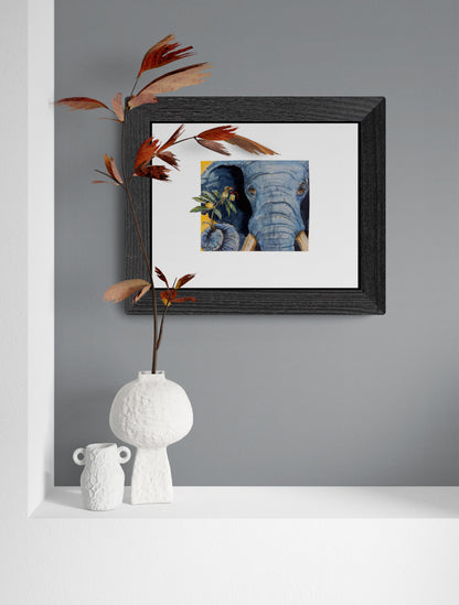 Elephant with Ox Pecker Friend  Larger White Border Option -  Classic Matte Paper Poster - Original Watercolour Art by Canadian Artist Pamela Paulenko, painting Ontario wildlife