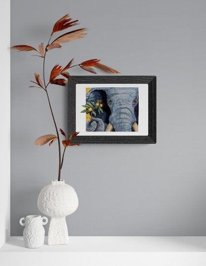 Elephant with Ox Pecker Friend   Classic Matte Paper Poster - Original Watercolour Art by Canadian Artist Pamela Paulenko, painting Ontario wildlife