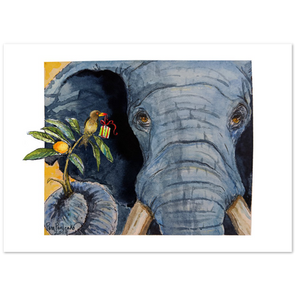 Elephant with Ox Pecker Friend   Classic Matte Paper Poster - Original Watercolour Art by Canadian Artist Pamela Paulenko, painting Ontario wildlife