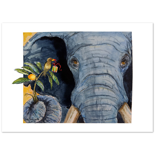 Elephant with Ox Pecker Friend   Classic Matte Paper Poster - Original Watercolour Art by Canadian Artist Pamela Paulenko, painting Ontario wildlife