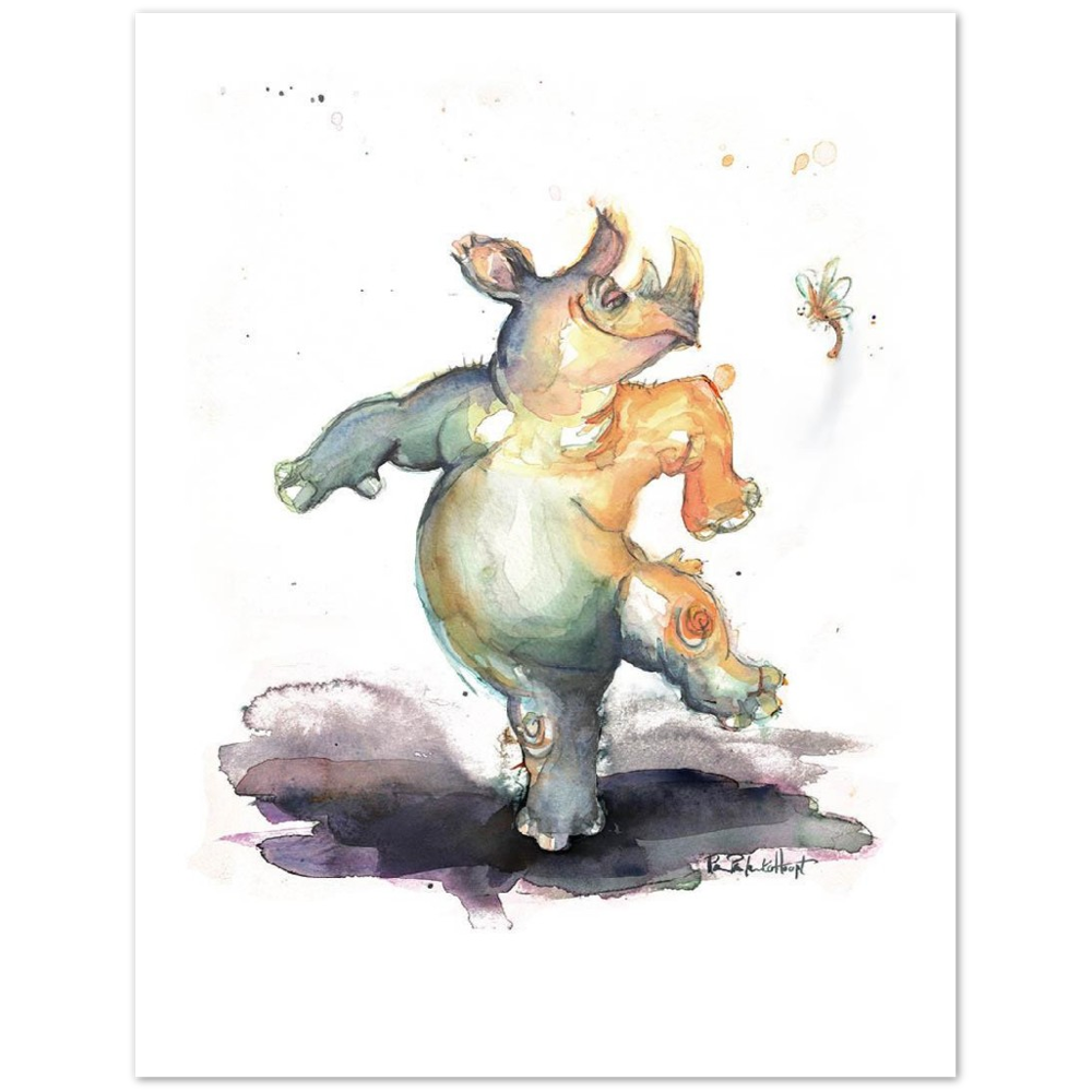Rhino Dancing with Friend    -   Print on  Classic Matte Paper Poster - Original Watercolour Art by Canadian Artist Pamela Paulenko, painting Ontario wildlife