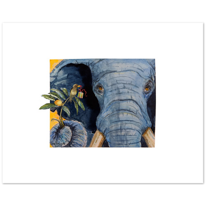 Elephant with Ox Pecker Friend  Larger White Border Option -  Classic Matte Paper Poster - Original Watercolour Art by Canadian Artist Pamela Paulenko, painting Ontario wildlife