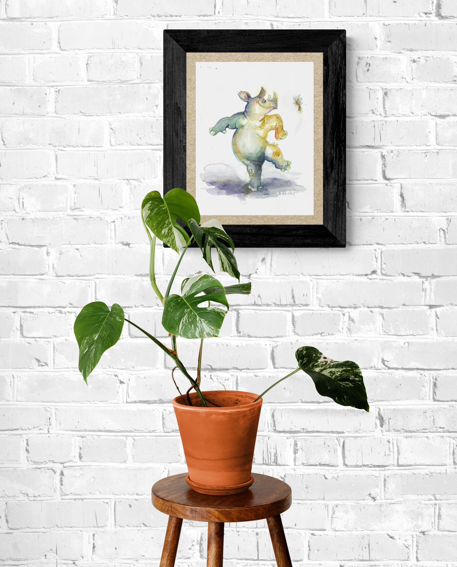 Rhino Dancing with Friend    -   Print on  Classic Matte Paper Poster - Original Watercolour Art by Canadian Artist Pamela Paulenko, painting Ontario wildlife