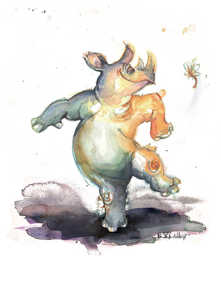 Rhino Dancing -   Original Watercolour Painting - Original Watercolour Art by Canadian Artist Pamela Paulenko, painting Ontario wildlife